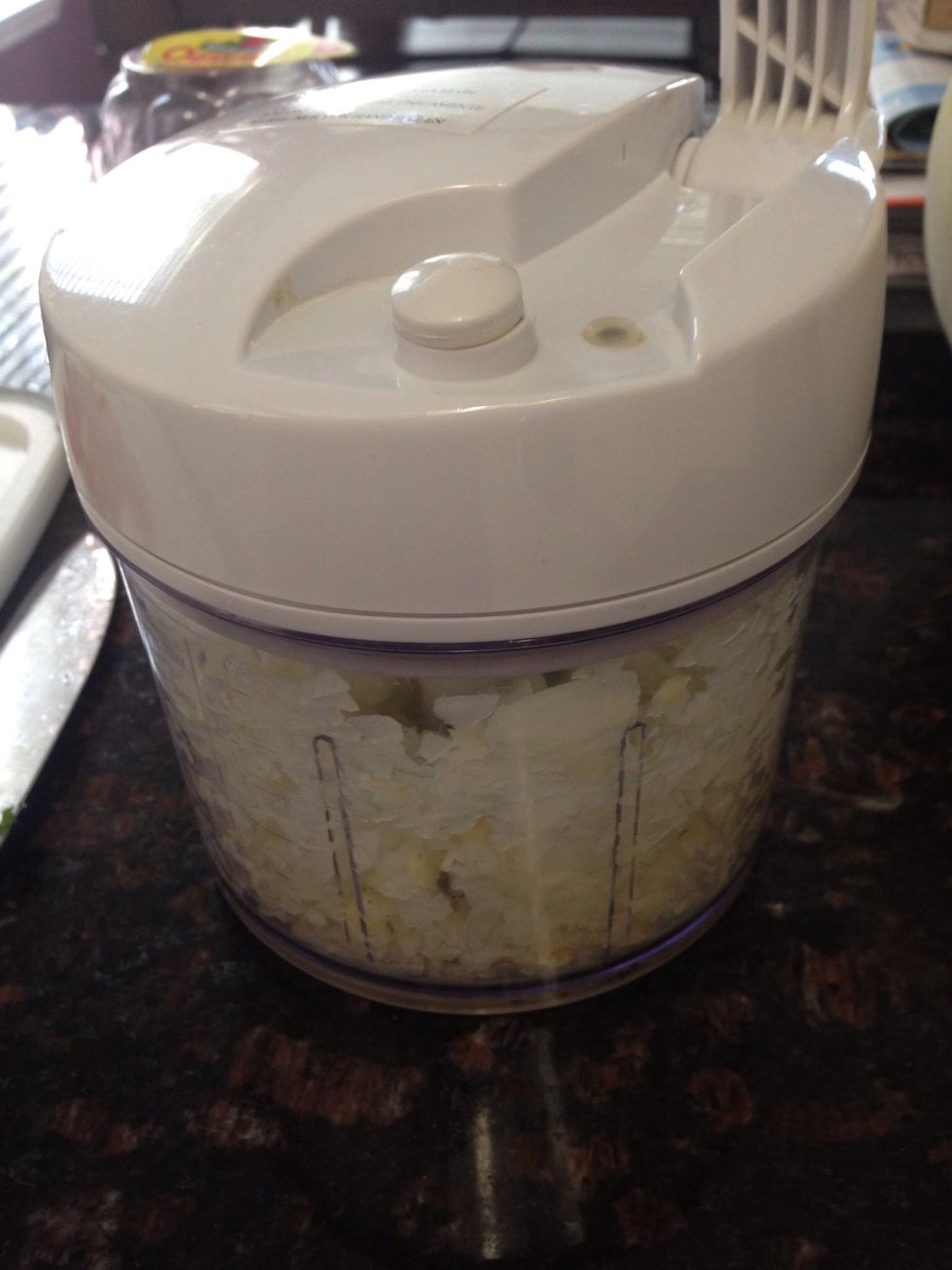 Chop both the onion and 3 cloves of garlic together.