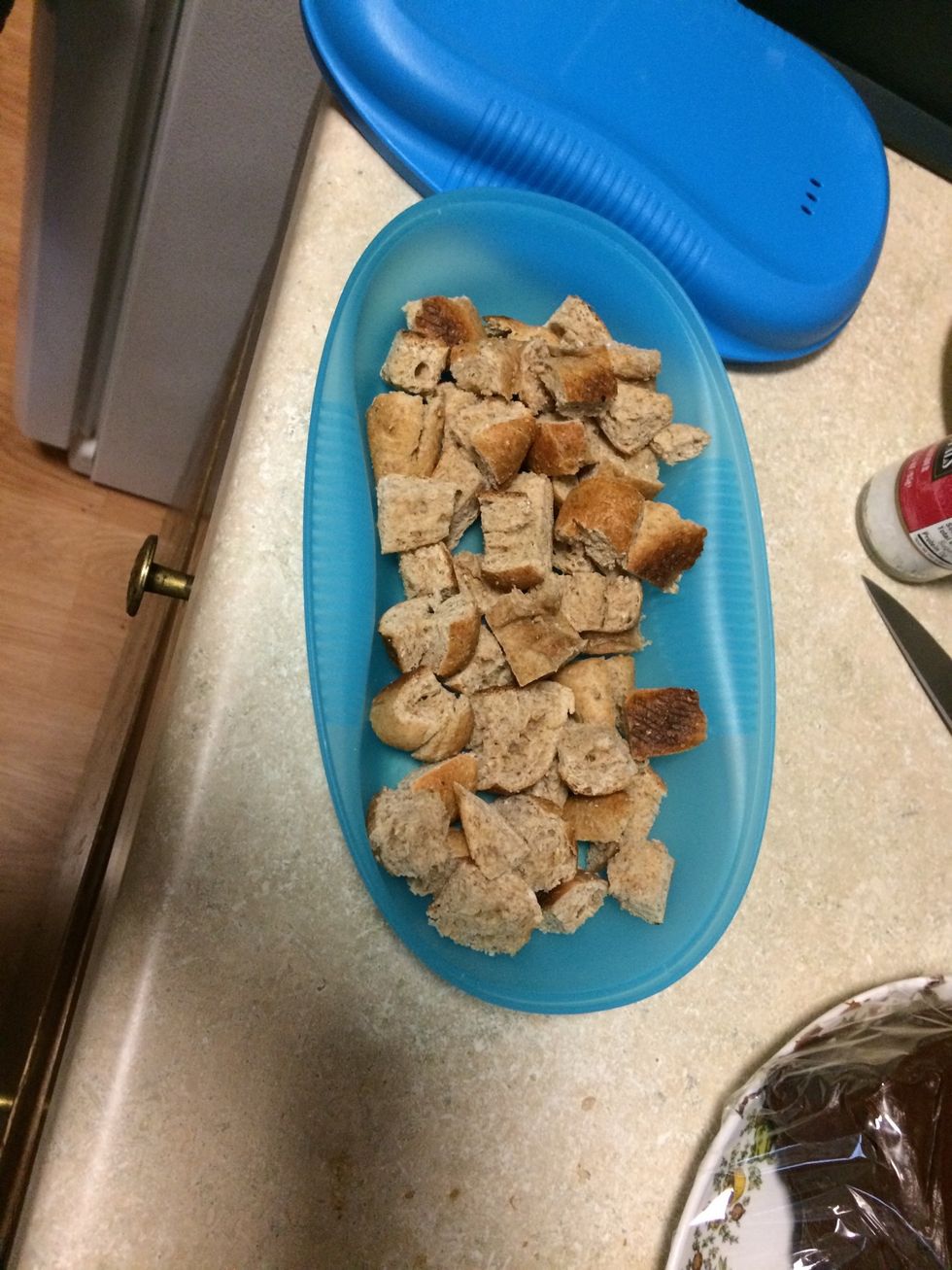 chop bread. I used two mini cinnamon raisin bagels.