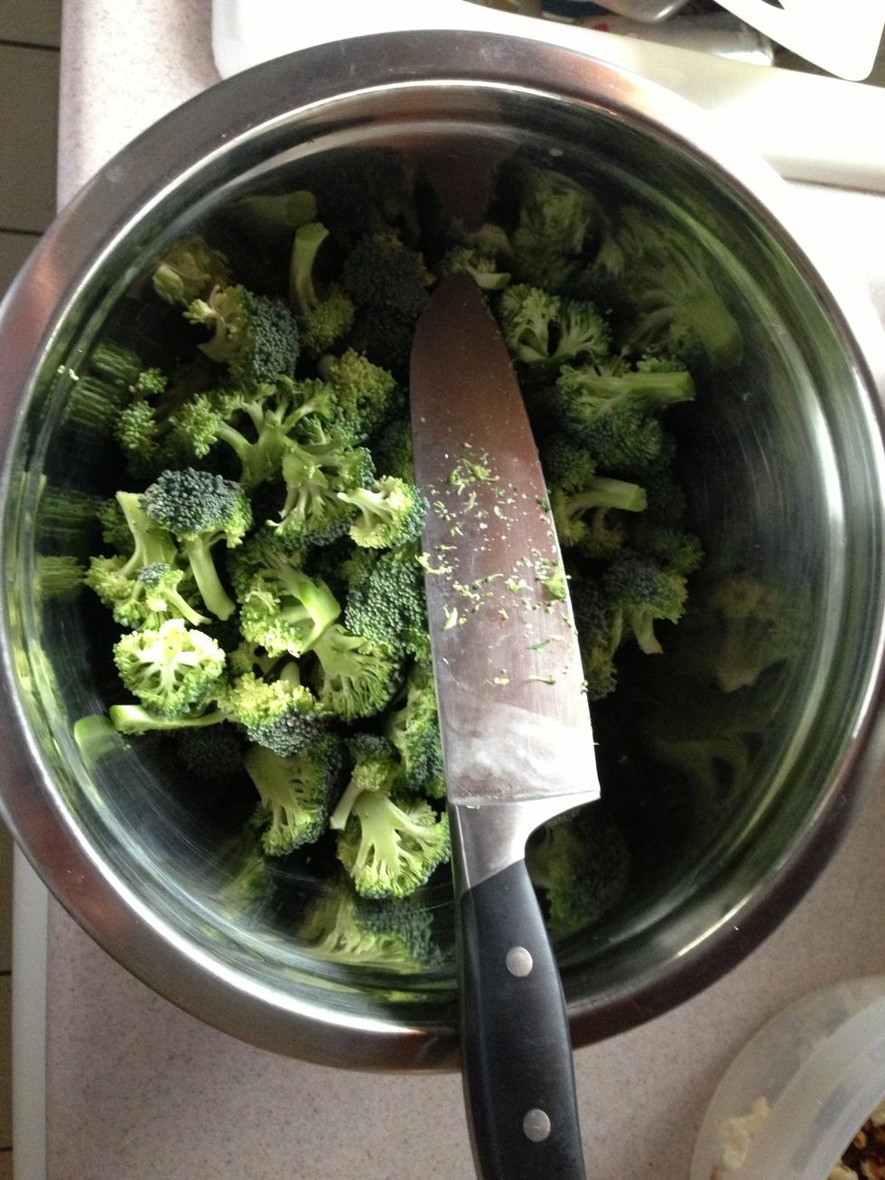 Chop broccoli into bite size pieces and the stem into 1/8 inch pieces