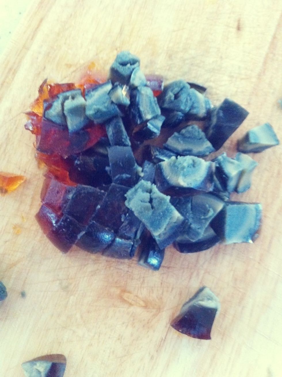 Chop century egg into small cubes.