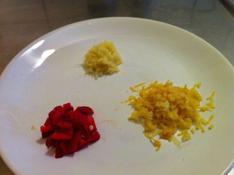 Chop chilifruit, grate lemon zest and fresh ginger.