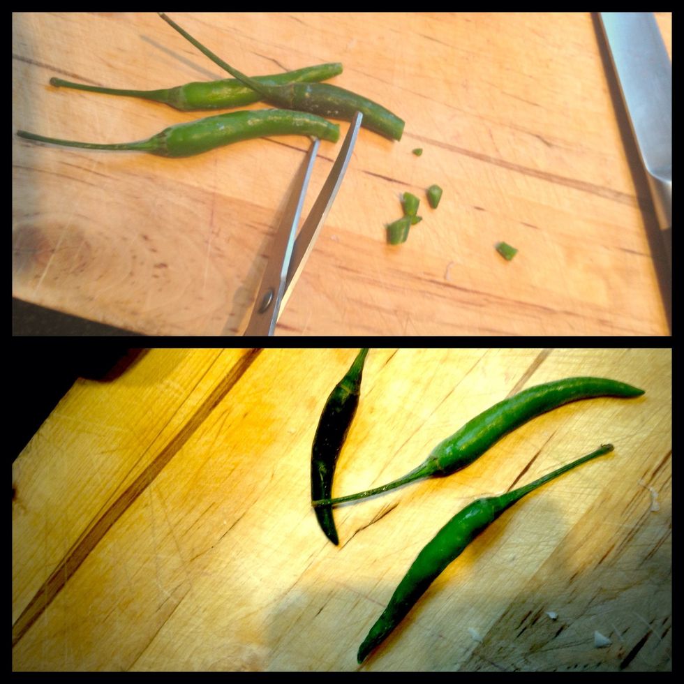 Chop chillies (optional). I prefer to use scissors for this cause you won't have to touch them, as well as chopping them finer at the same time.