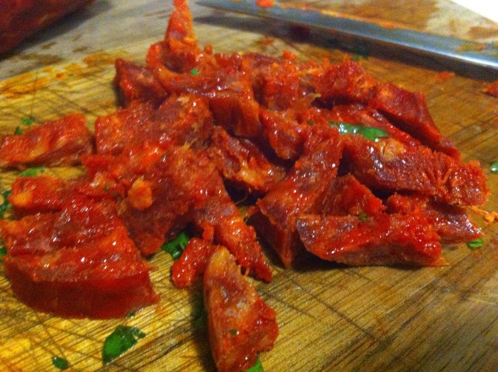 Chop chorizo and add to mixture, recover for a bit to let all the flavors mingle