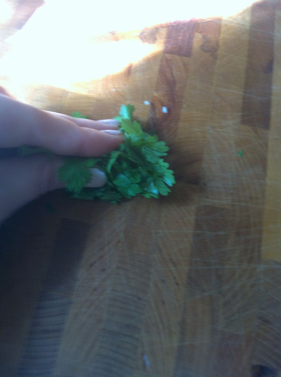 Chop cilantro. Easiest way is to roll it in a ball like so and carefully chop it.