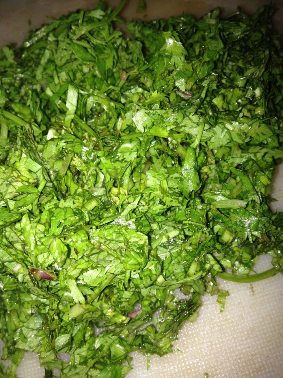 Chop coriander and mint together fine