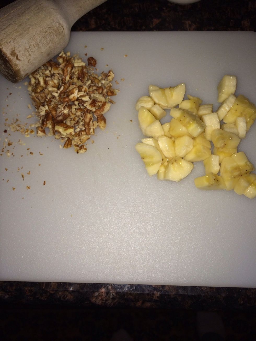 Chop/crumble up pecans and cup up banana in small pieces