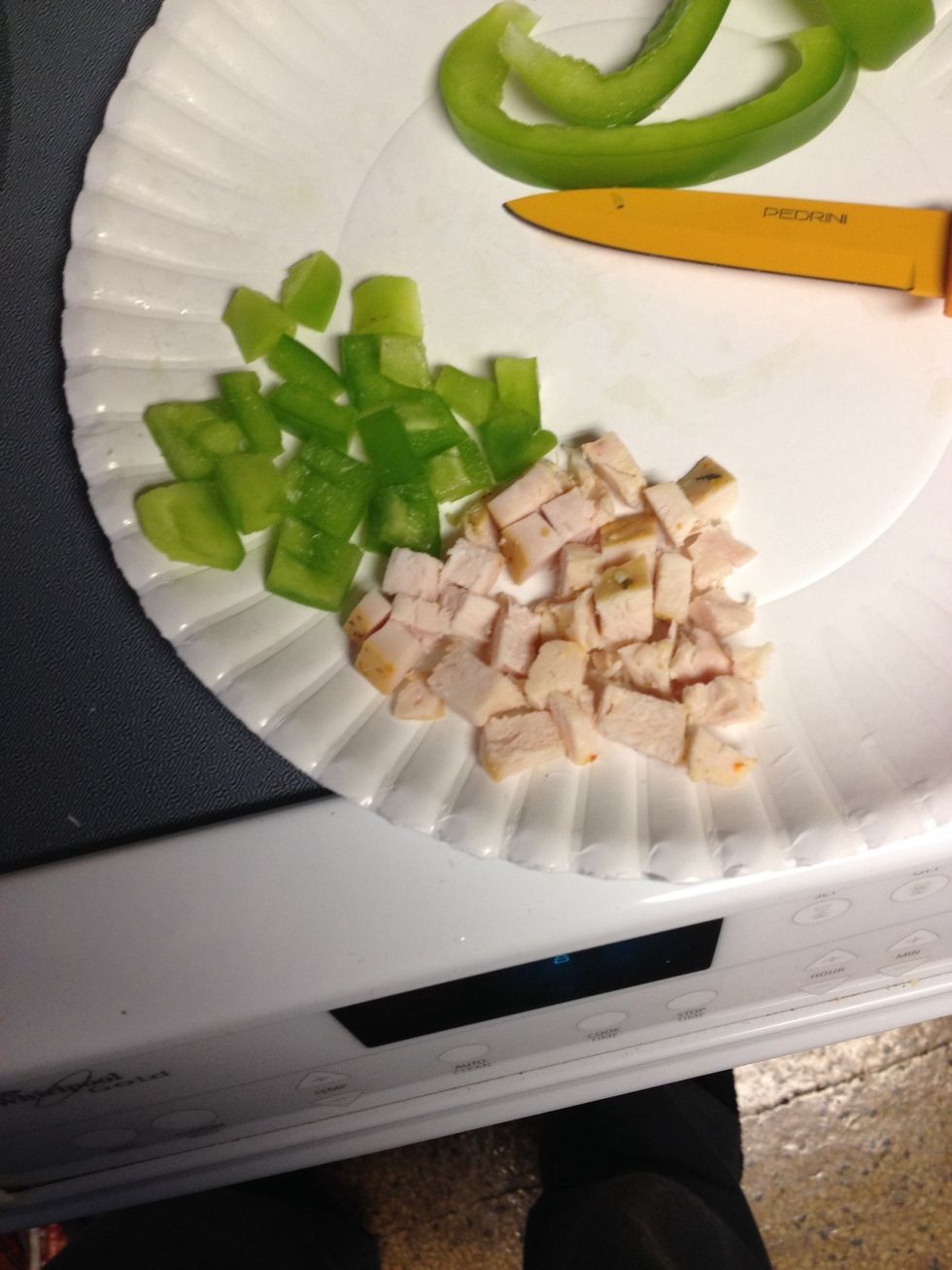 Chop everything up. Any veggies work, I normally like broccoli and green peppers but you could use anything.