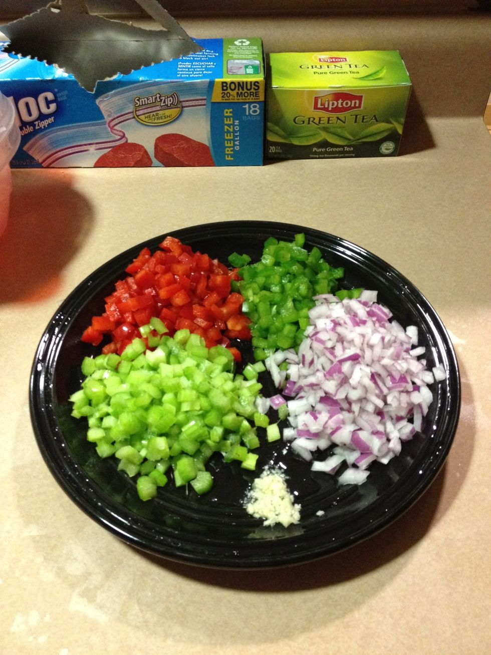 Chop finely. Forgot the garlic in the photo op but it's there now.