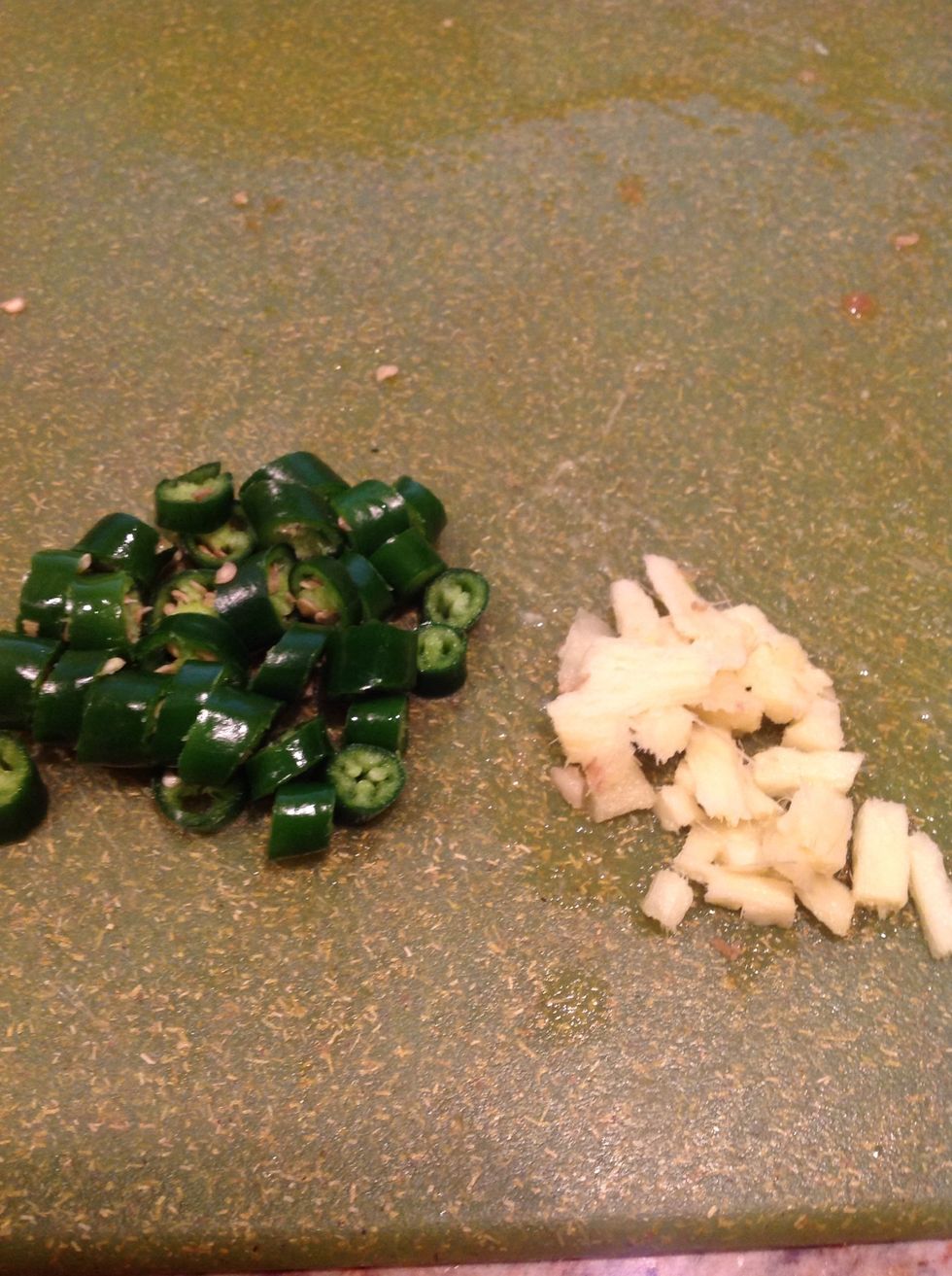 Chop fresh ginger and green chillies.