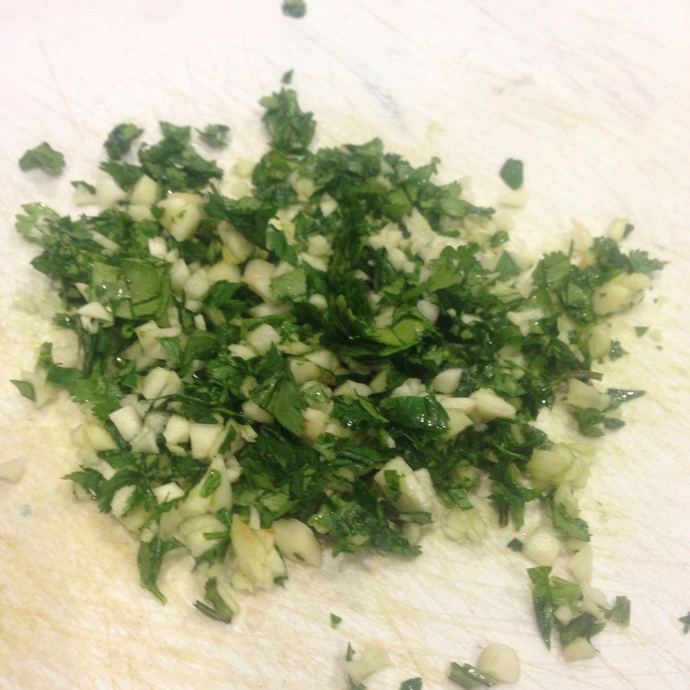 Chop garlic and cilantro ..