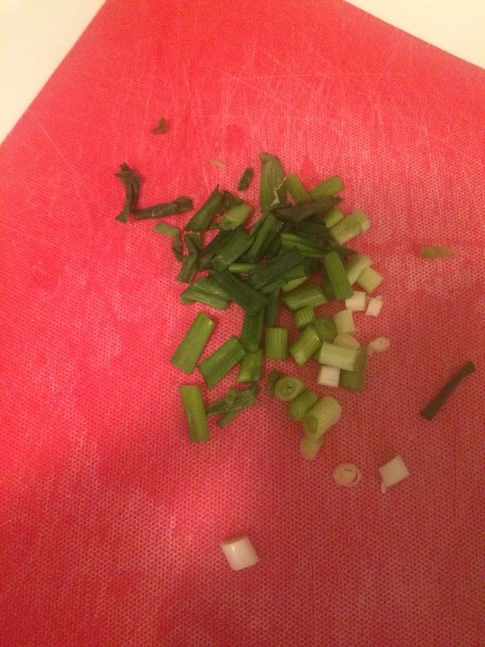 Chop green onions about three, add to bowl with green peppers