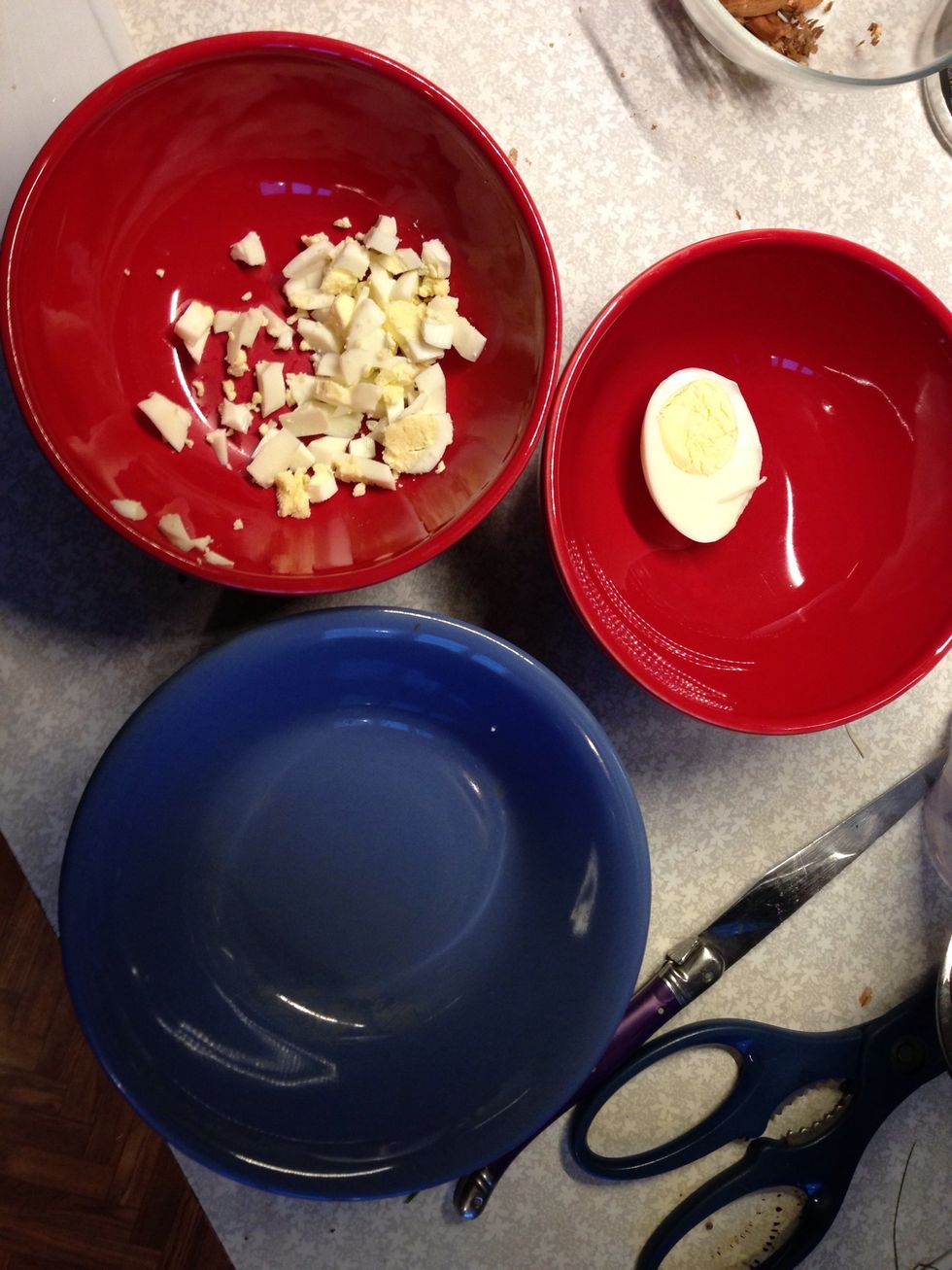 Chop halfegg to ur soup cup. My son prefers a whole egg.