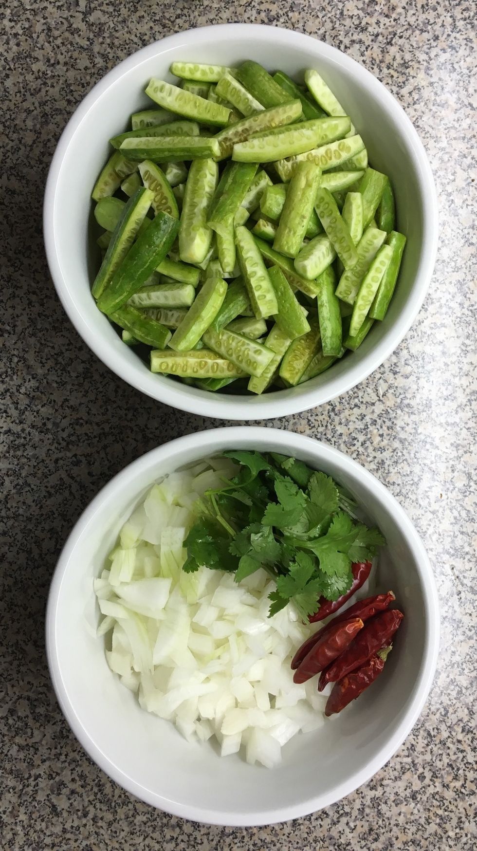 Chop Ivy Gourd and Onions as shown. Keep aside for now.