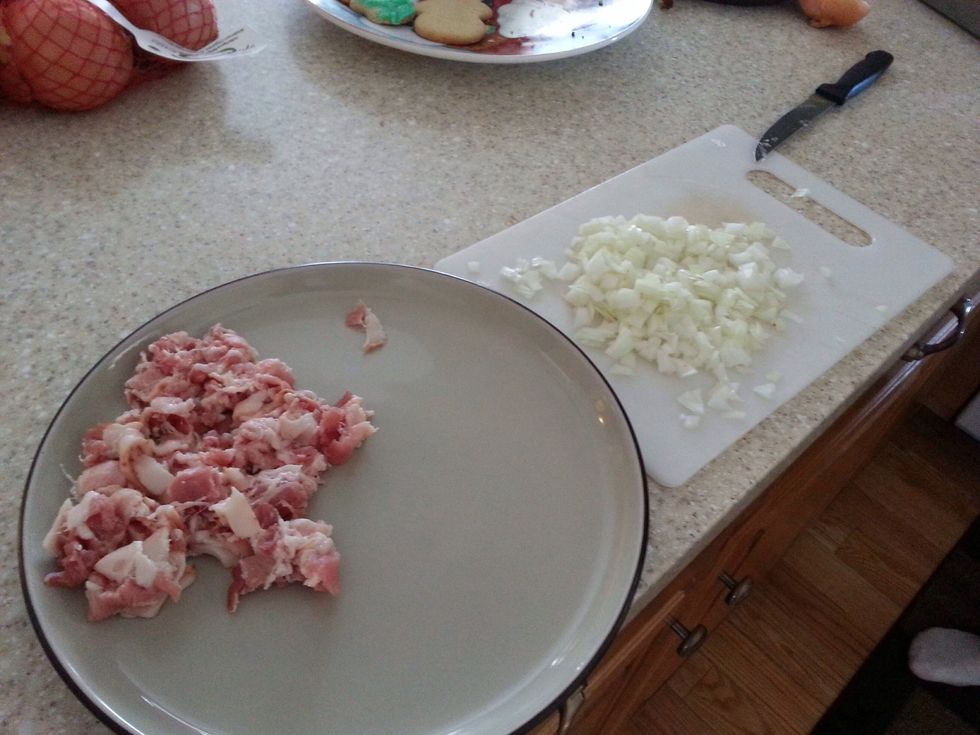 Chop one onion and a package of bacon.