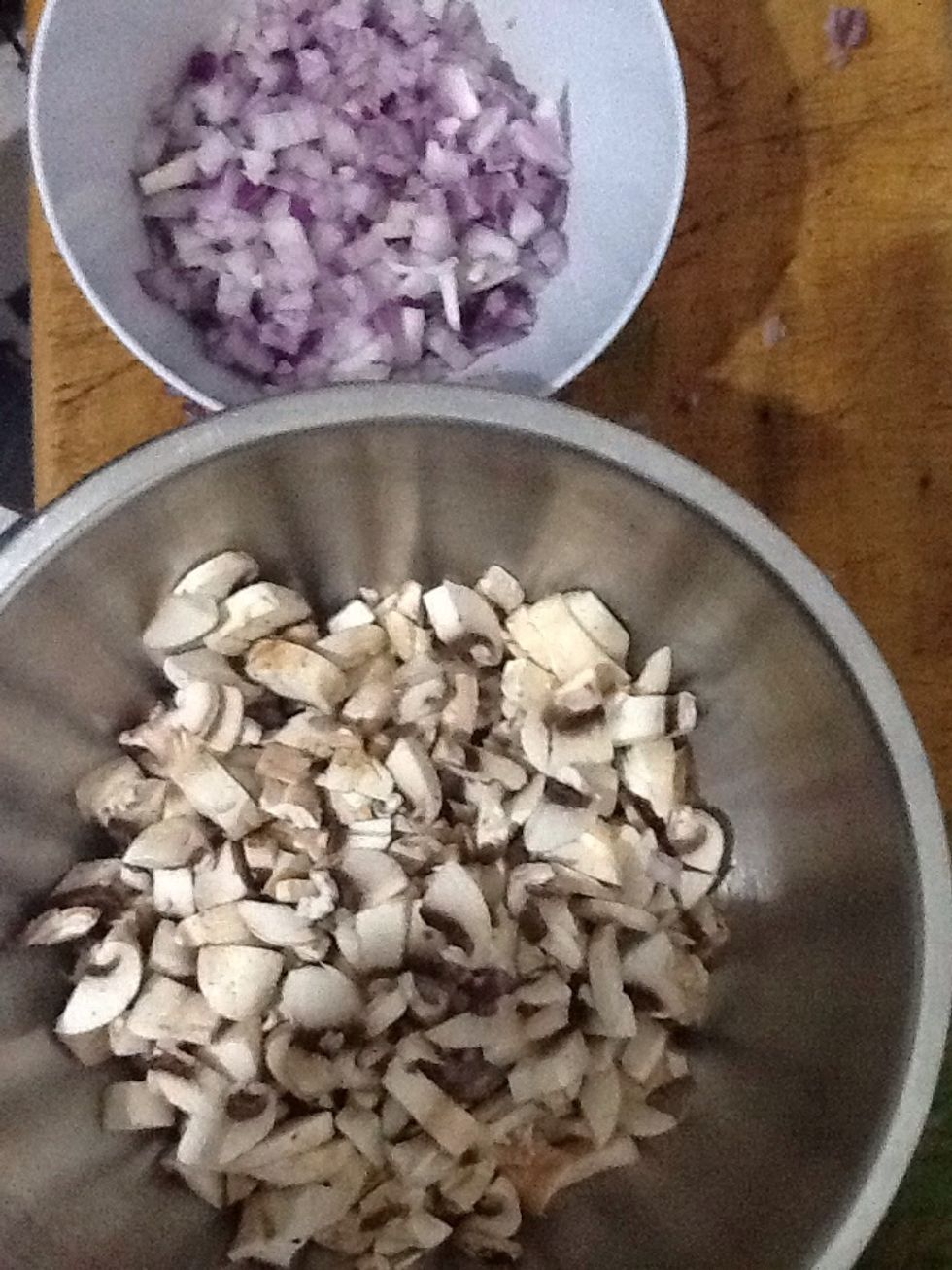 Chop onion and mushroom then cook in oil in a fry pan for 3-4 min