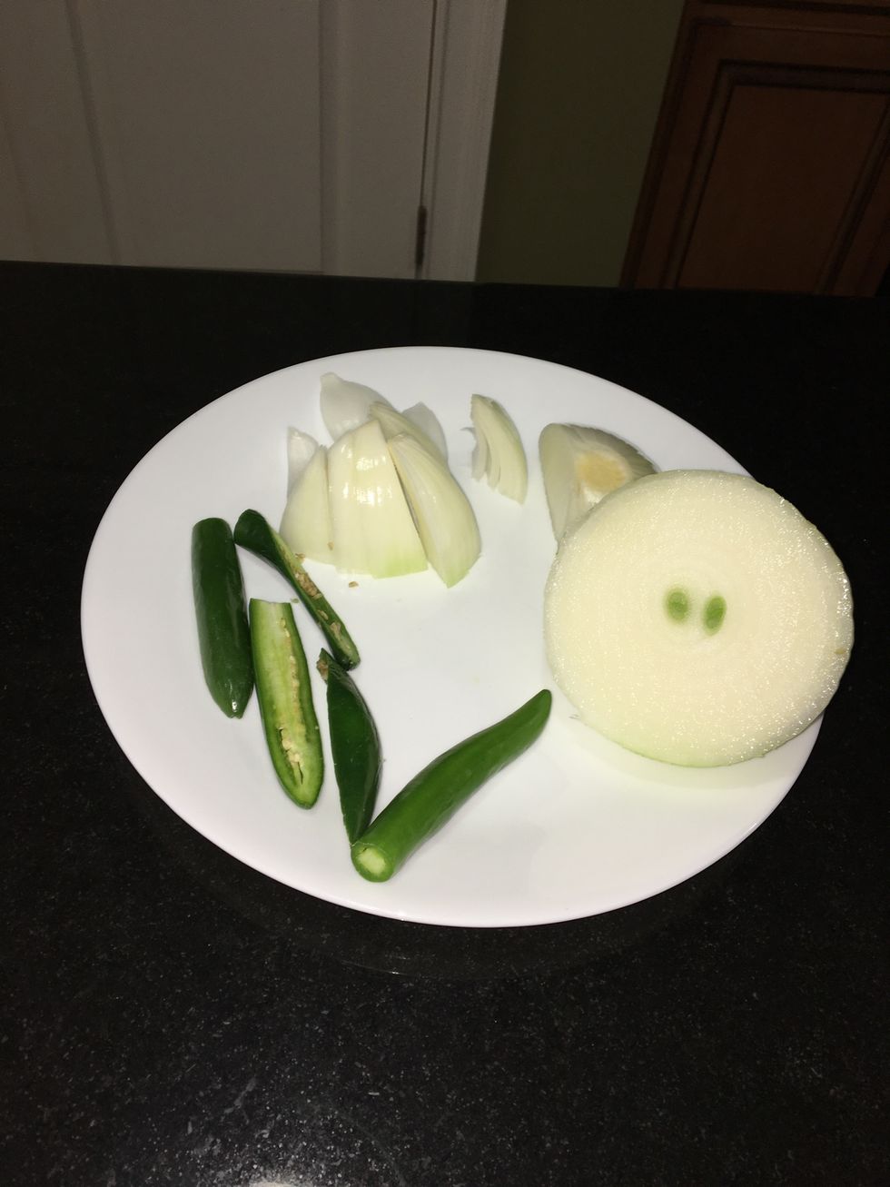 Chop onion and pepper to place in food processor