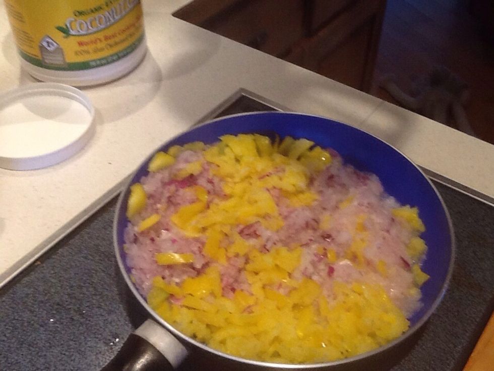 Chop onions and pepper. Brown in coconut oil.