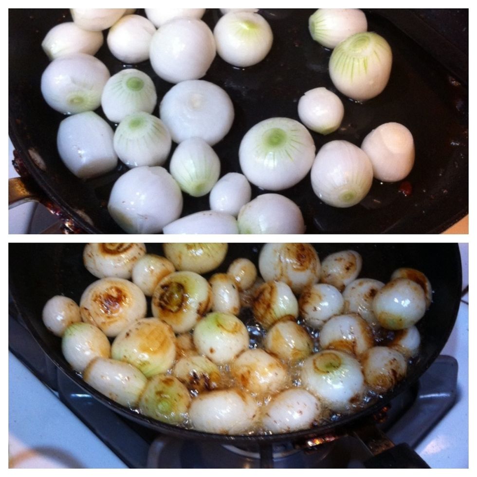 Chop onions and remove the first layer. Cook the onion in the bacon fat until nice and tender. Once ready you can strain them for a bit. The quality of onions is optional