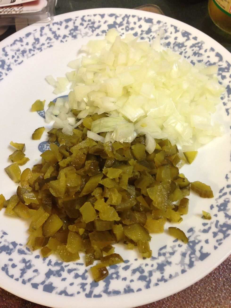 Chop onions and sweet pickles.