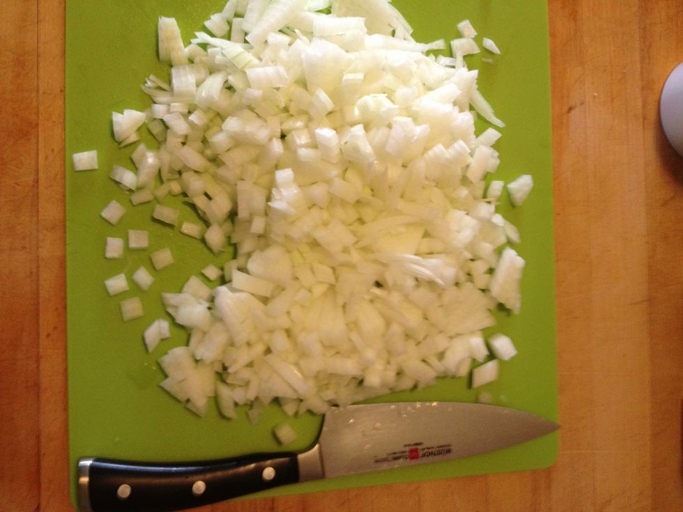 Chop onions. Note the size of the pieces on the left.