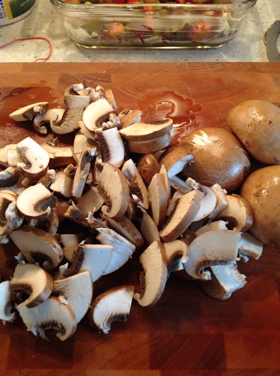 Chop onions, set aside. Slice mushrooms.