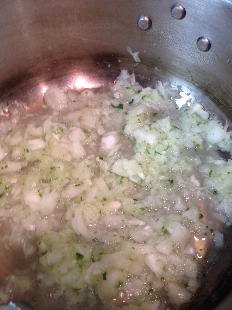 Chop or mince onion finely. Saut\u00e9 10 minutes, adding 1-2 TBLS water as needed to prevent sticking.