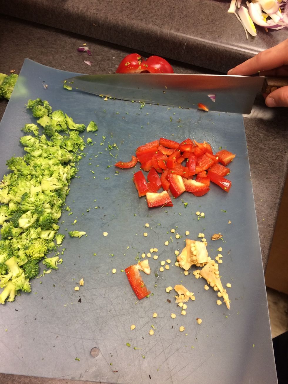 Chop red bell pepper and remove seeds