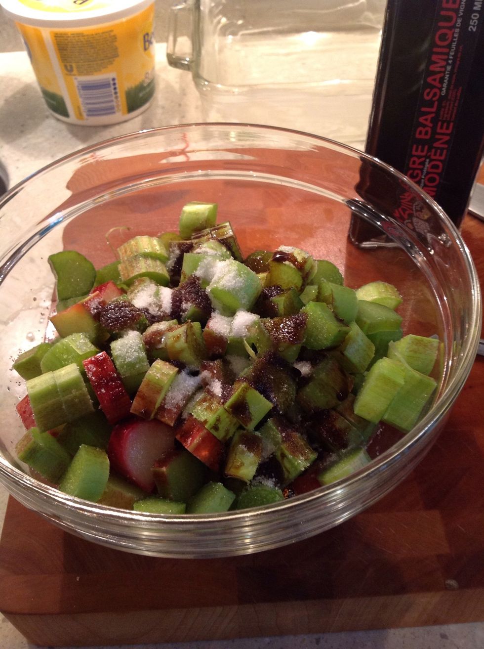 Chop rhubarb (hope you get more red bits than I did here).  Add sugar, cornstarch, and balsamic vinegar!  Only if you have fabulous balsamic smuggled  in from Paris.  Otherwise use lemon juice.