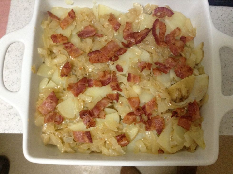 Chop the bacon and add to the potatoes
