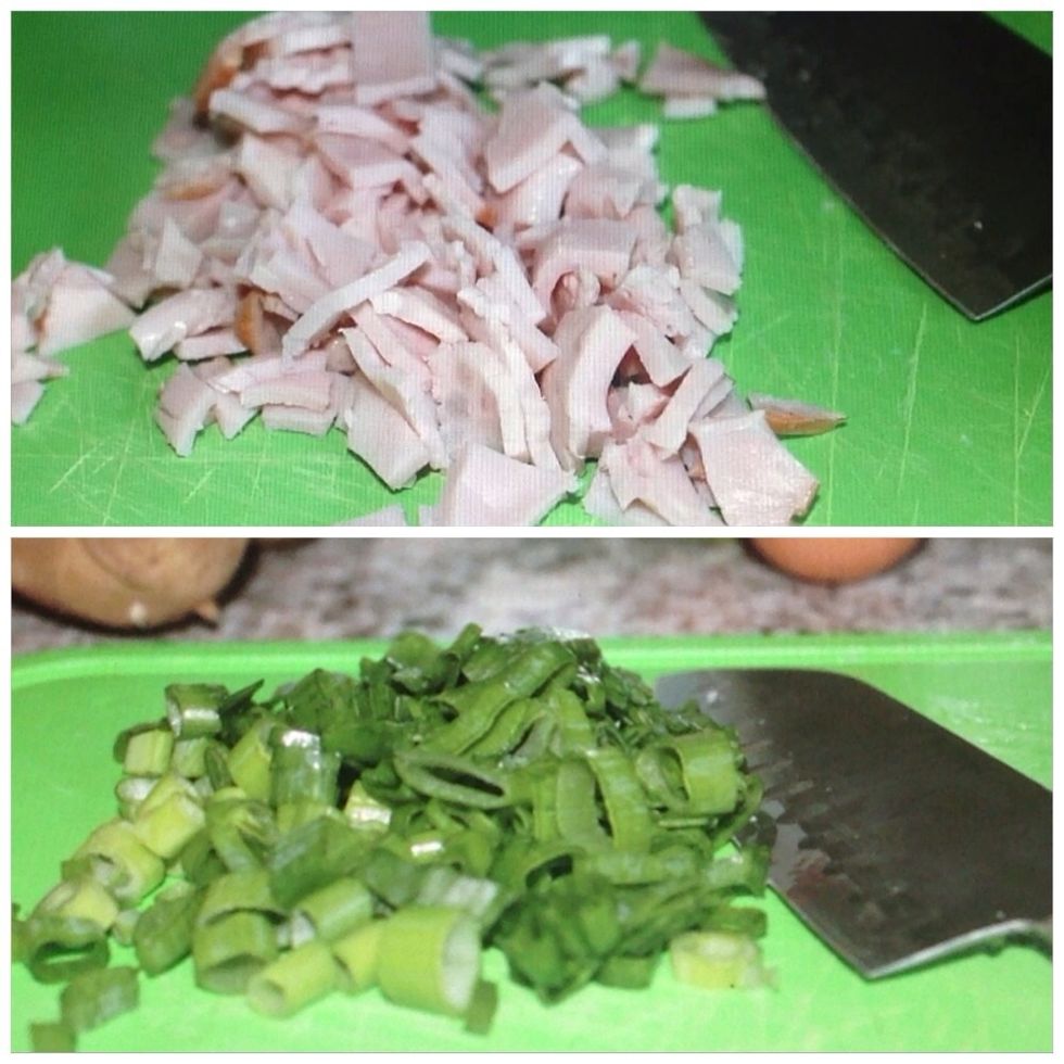 Chop the bacon and the spring onions