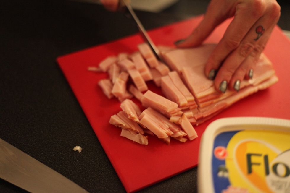 Chop the bacon into any size you like but don't dice too small. Chunky is more yummy.