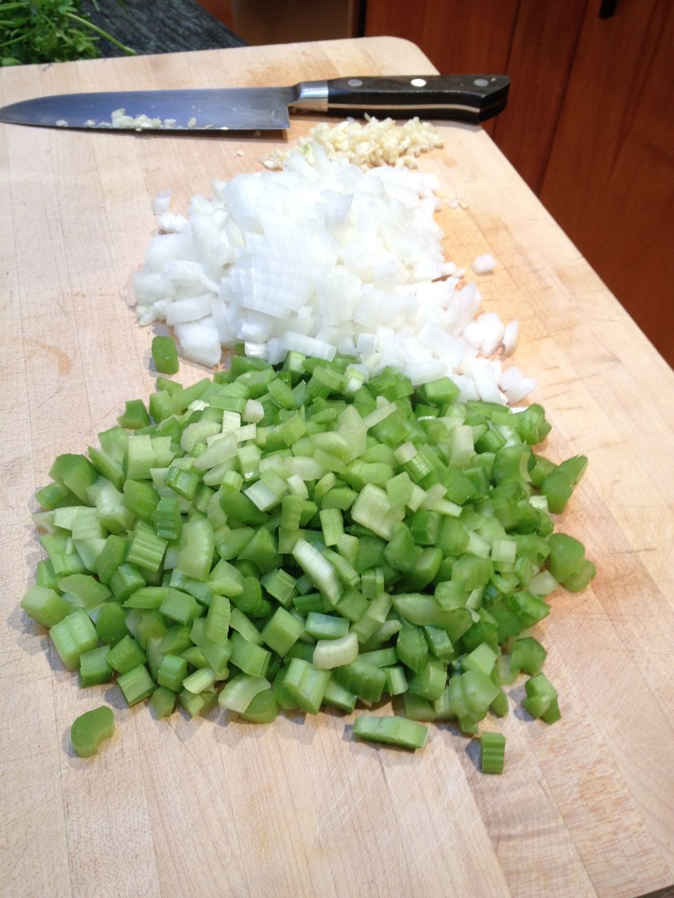 Chop the celery and onions. Mince the garlic.