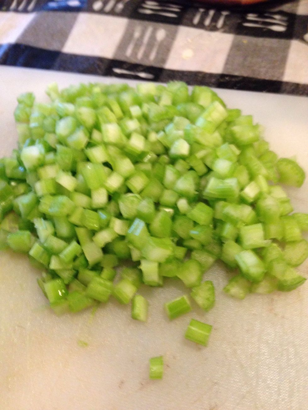 Chop the celery sticks to you likings. After they are chopped place them in your bowl of chopped goods. \ud83d\ude09