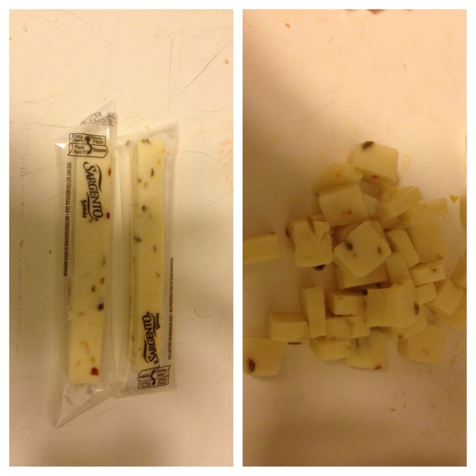 Chop the cheese. This is Sargento cheese snacks. I find it easier to chop these instead of wasting a block of cheese.