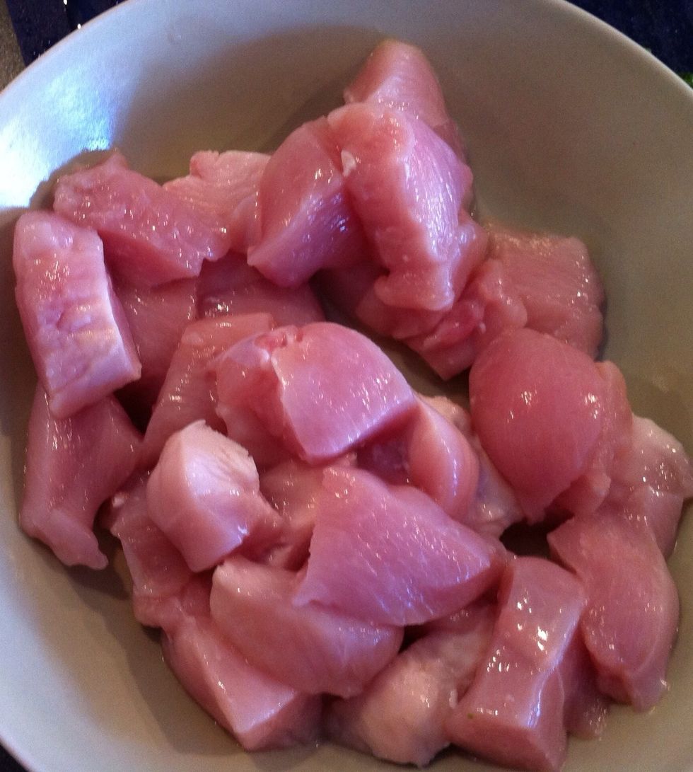 Chop the chicken and fry it with the basil.