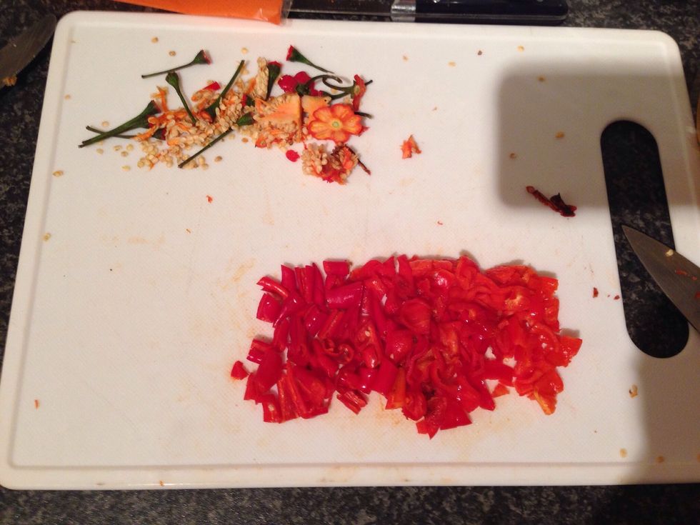 Chop the chillies. It takes more than a few washes with soap and water, even after you have washed your hands tons of times if you rub your eye etc it WILL burn!! Please wear gloves :)