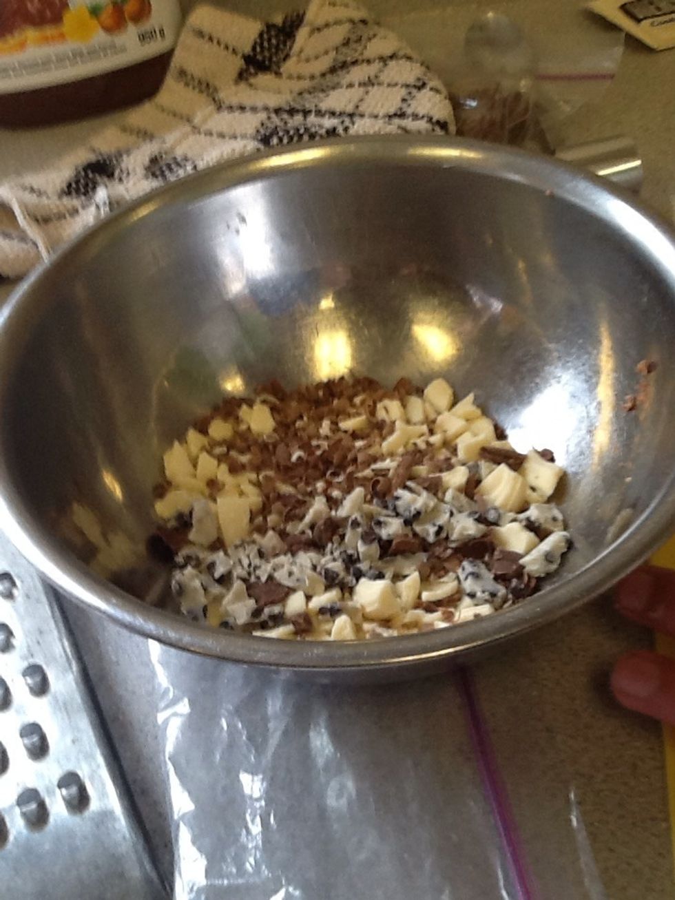 Chop the chocolates into very small chunks and mix in a small bowl.