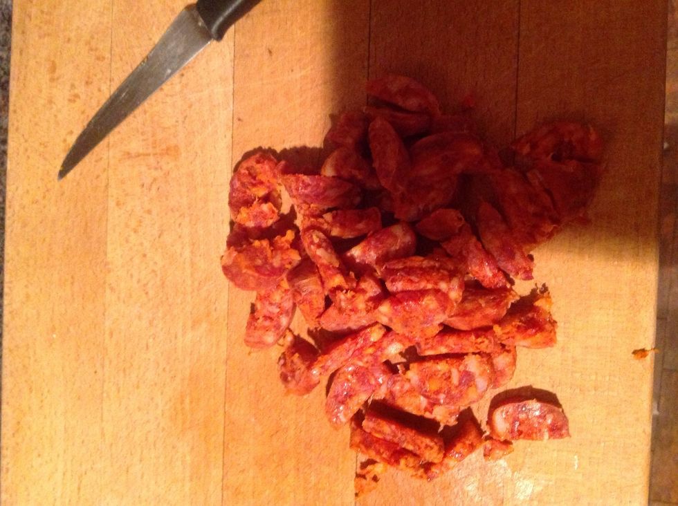 Chop the chorizo into half moon segments