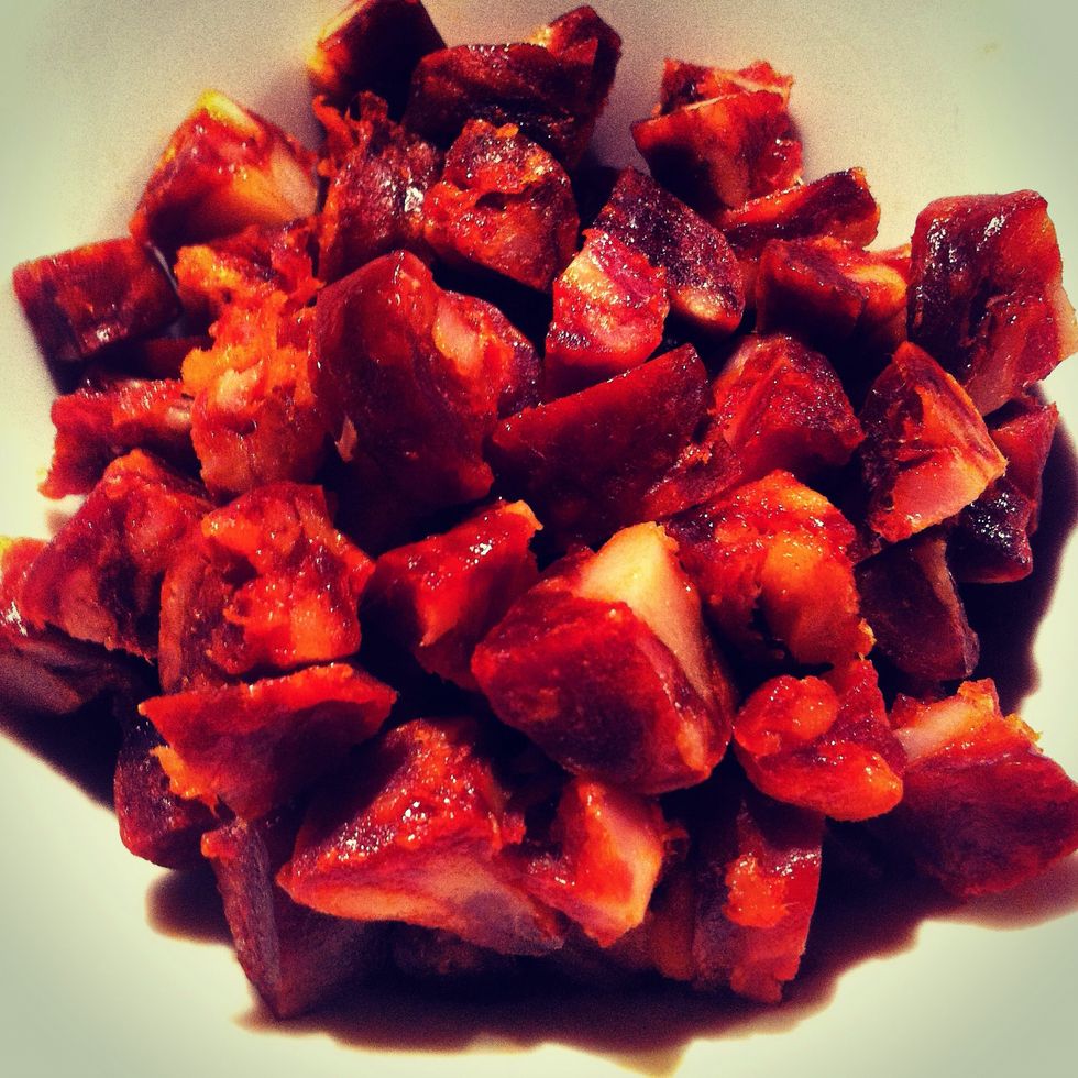 Chop the chorizo into small 1/2 cm chunks.
