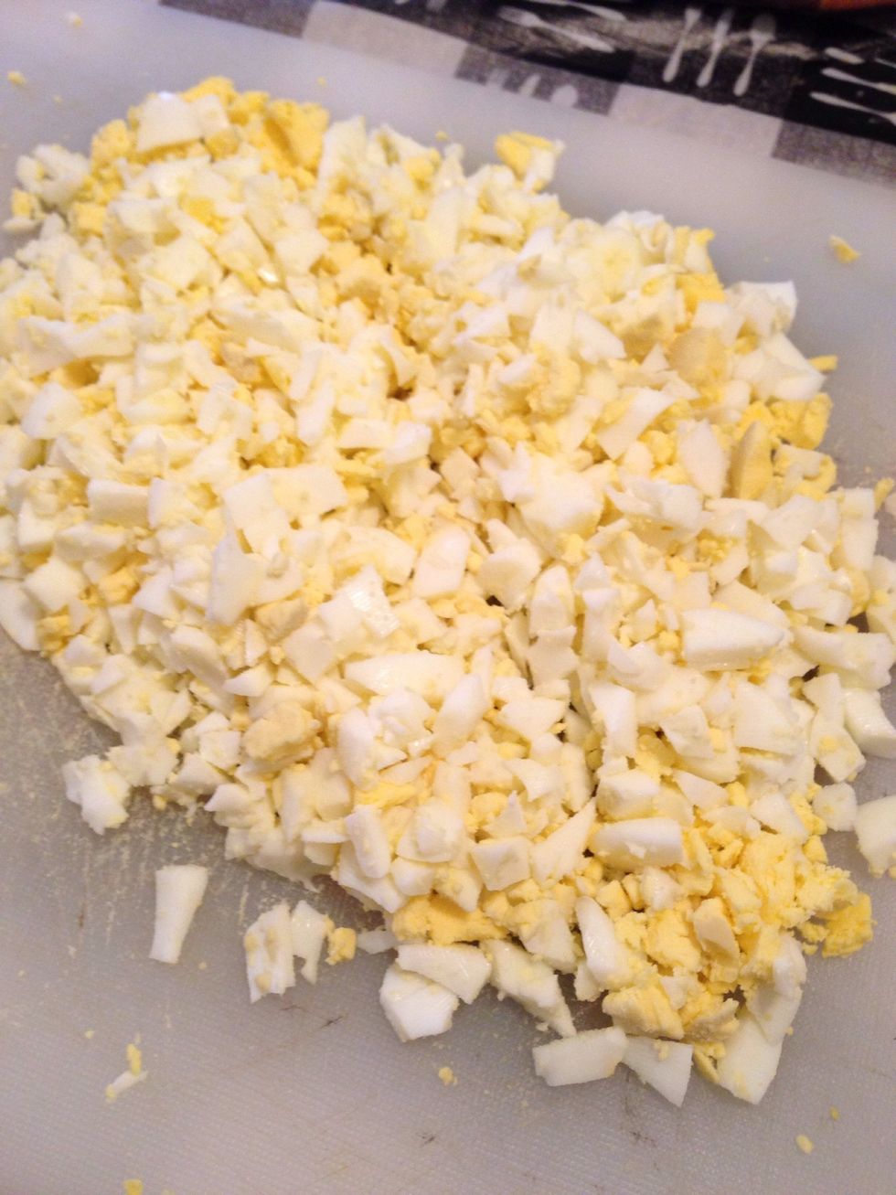 Chop the eggs to your liking. After the eggs are finely chopped, put them in a bowl. (The bowl will be used to place all of your chopped items, call it the "Bowl of Chopped Goods") \ud83d\ude04