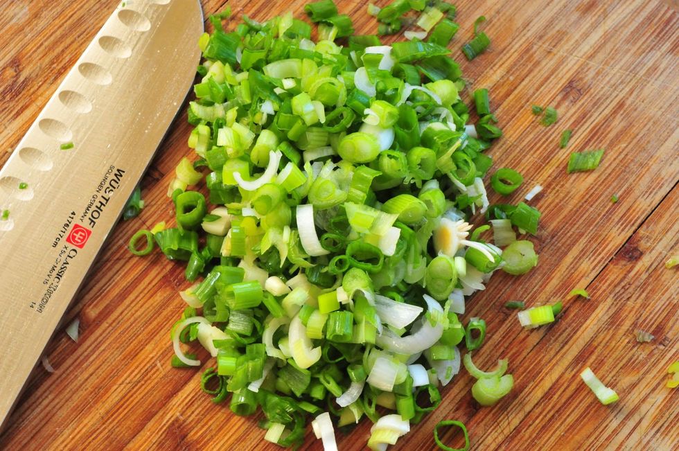 Chop the green onion, using all of it.  I actually prefer the green part versus the white.