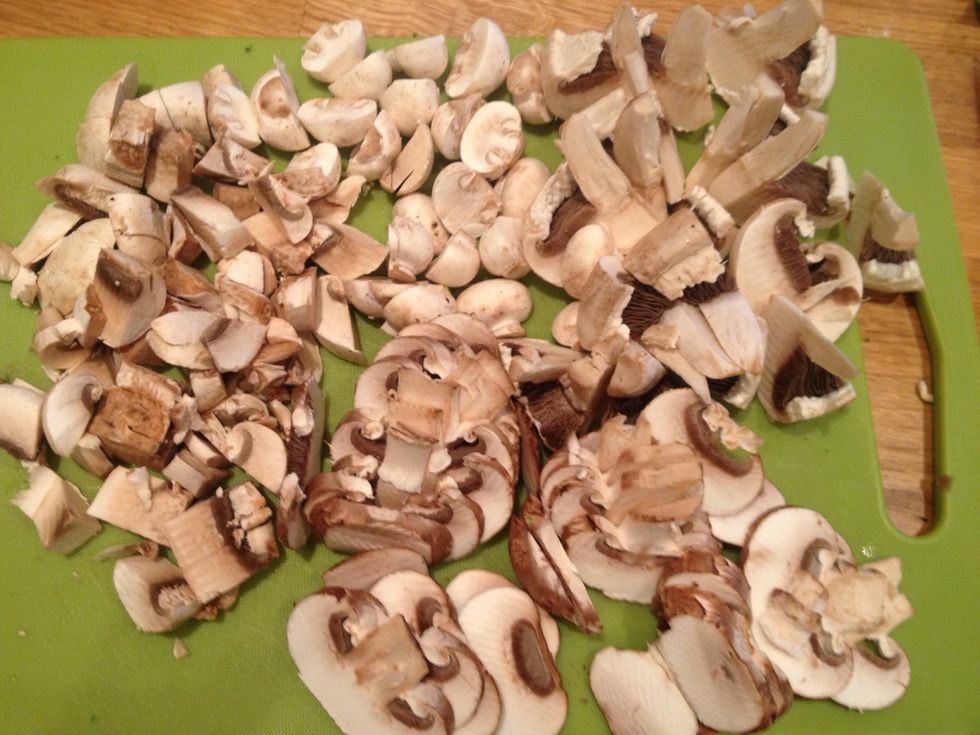 Chop the mushrooms. I like to cut some in chunks, dice some and slice some