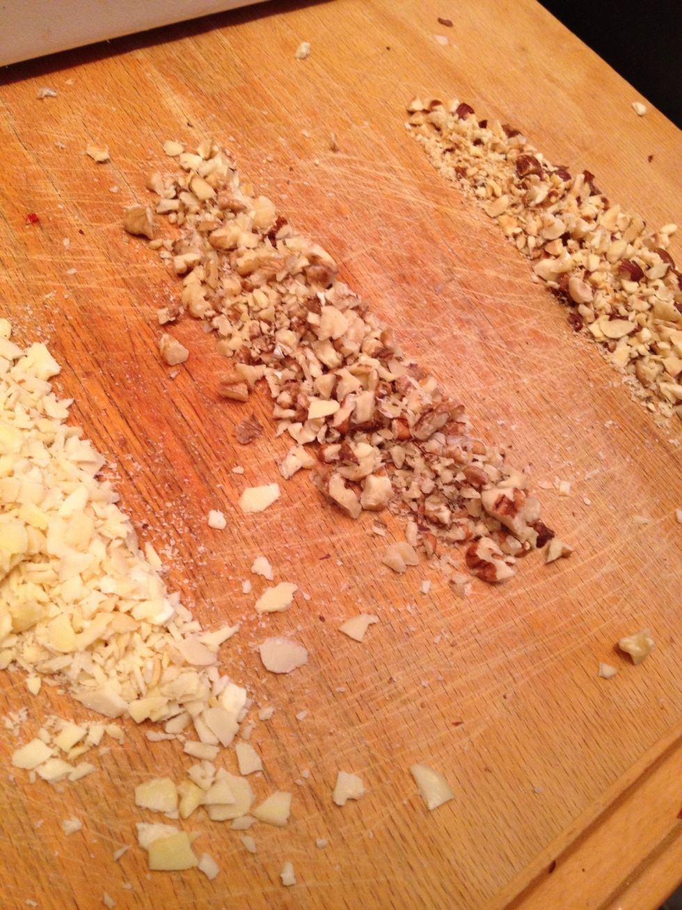 Chop the nuts. Chop chop.. The nuts is optional. I prefer these nuts, walnut, hazelnut and almond. :)