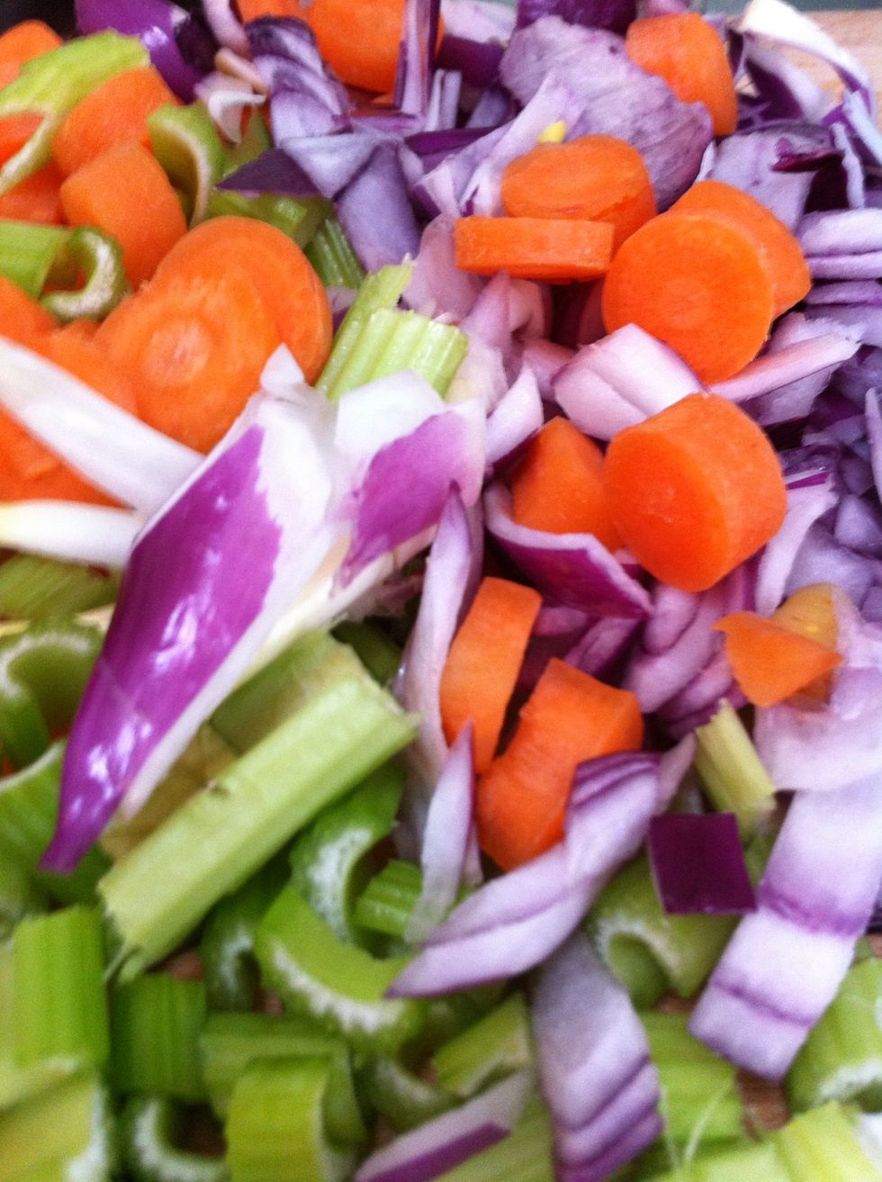 Chop the onion carrots and celery whilst the veal is browning