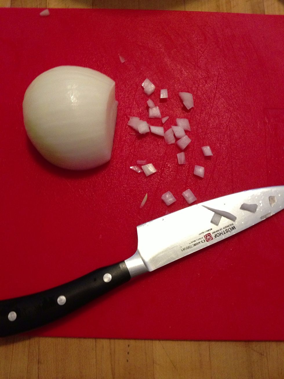 Chop the onions. Consistent size is important. I like my onions chopped a little larger, some like them very small. I like chopping them with a knife instead of grating them or using a food professor.