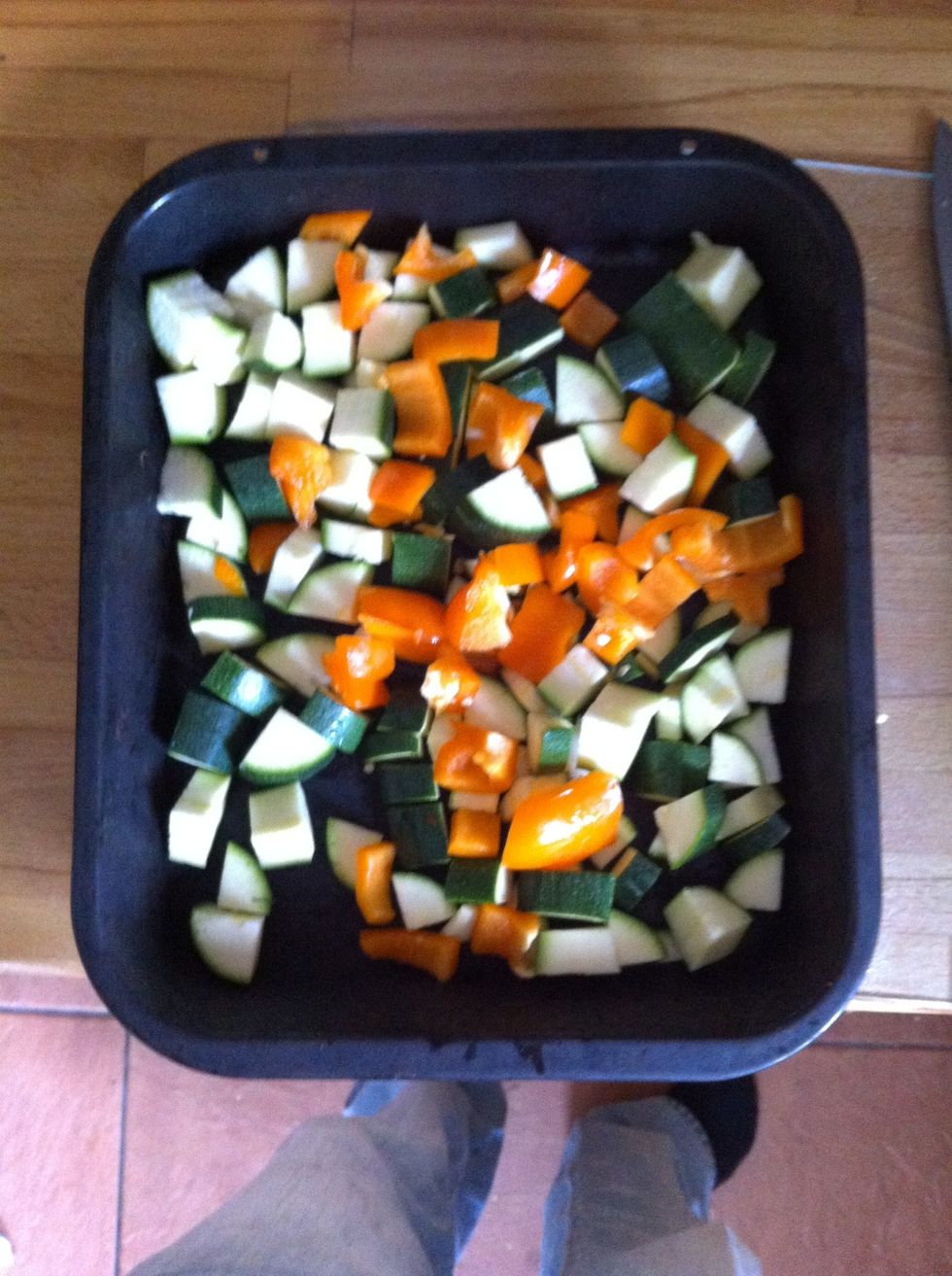 Chop the other pepper and add to the courgettes.