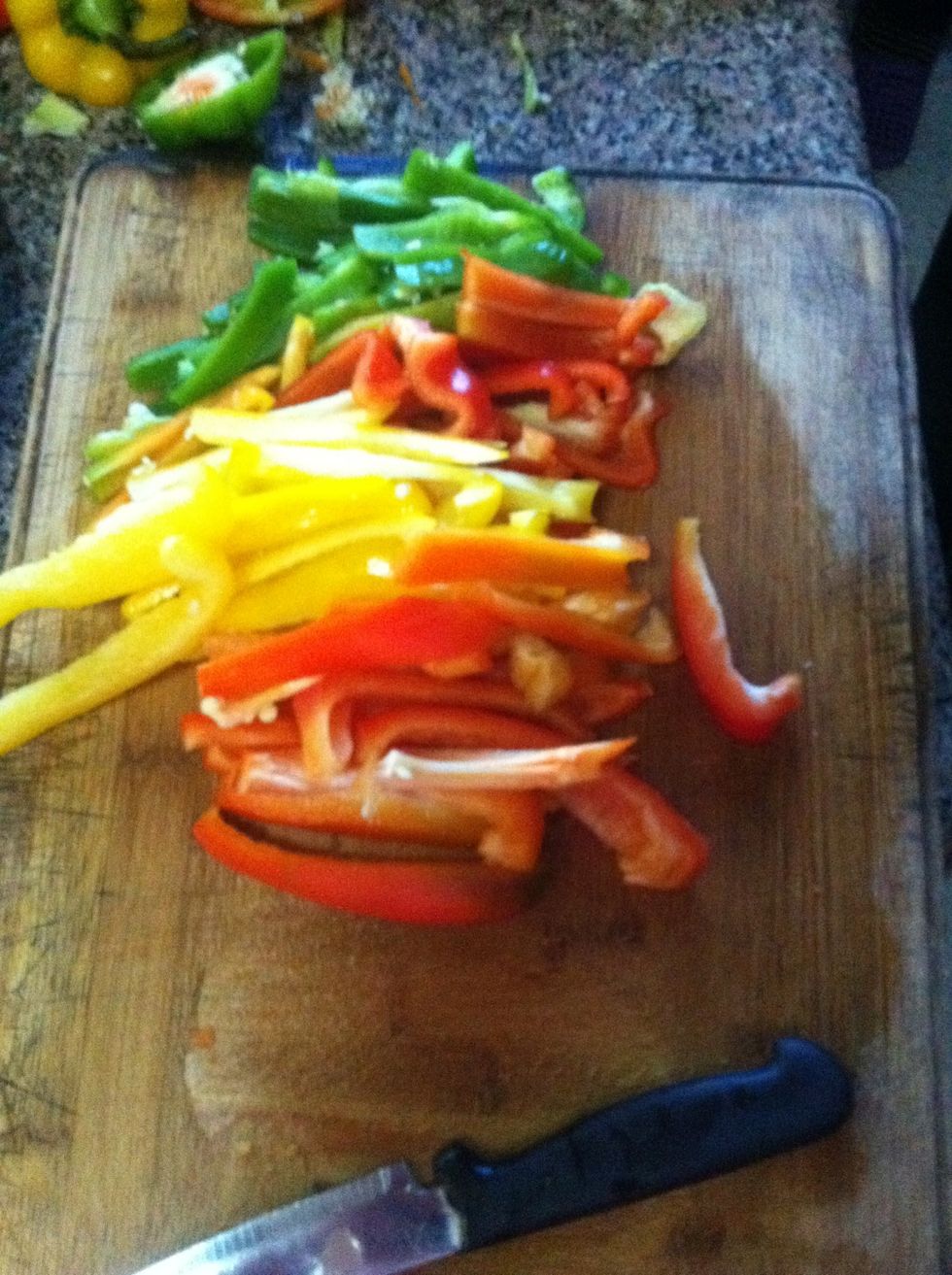 Chop the pepper with all the colors u have :P ,all of them Chop tall and thin
