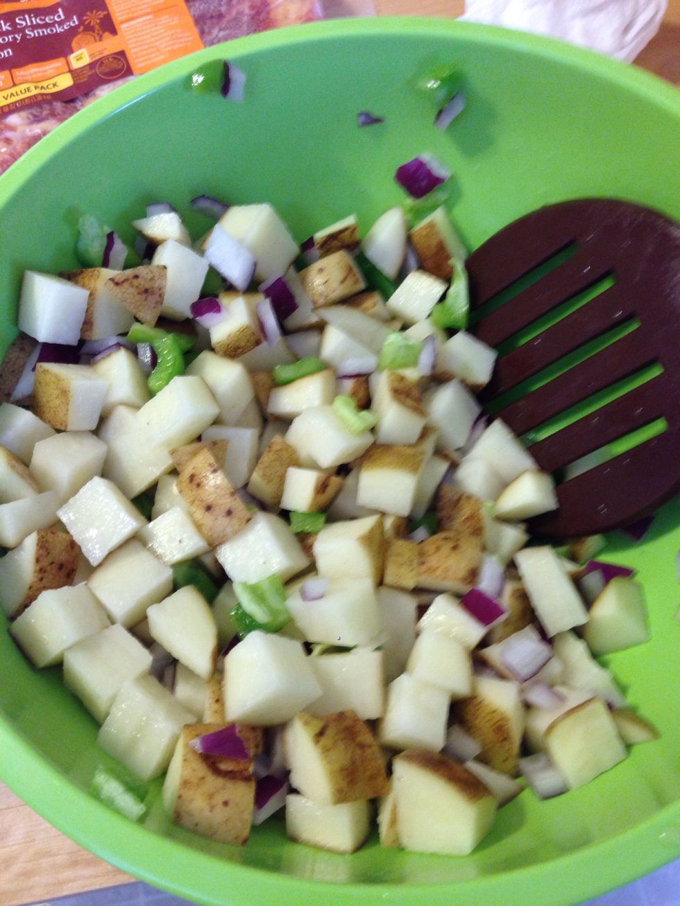 Chop the potatoes and mix everything together.