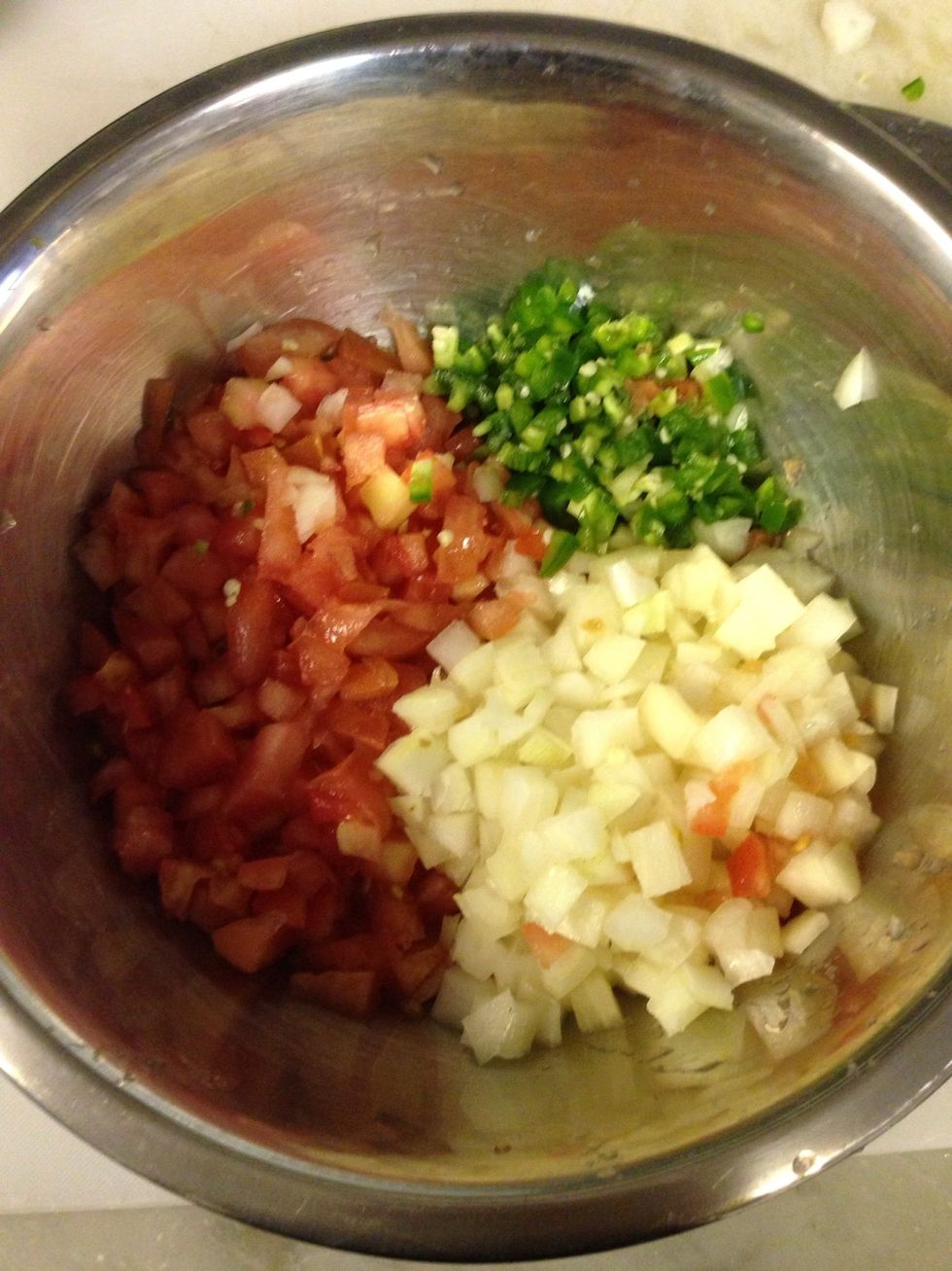 Chop the tomato, onion and jalape\u00f1os and put them in a bowl