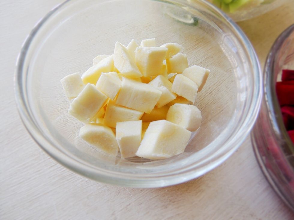 Chop the veggies into cubes / dice them. The more dense veggies should be chopped smaller so everything cooks well. Parsnips are great sources for potassium, fiber and vitamin C.